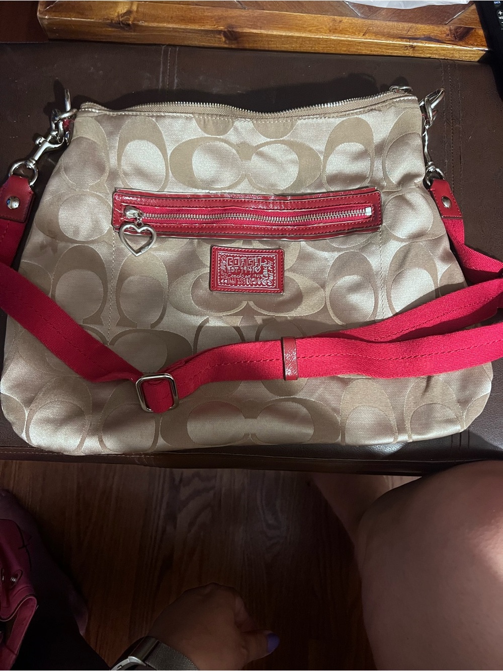 Coach Poppy Khaki Signature Canvas Crossbody with Red Trim